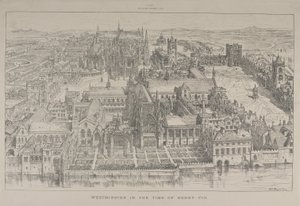 1884年のヘンリー8世の時代のウェストミンスター寺院とウェストミンスター宮殿の航空写真 作： Henry William Brewer
